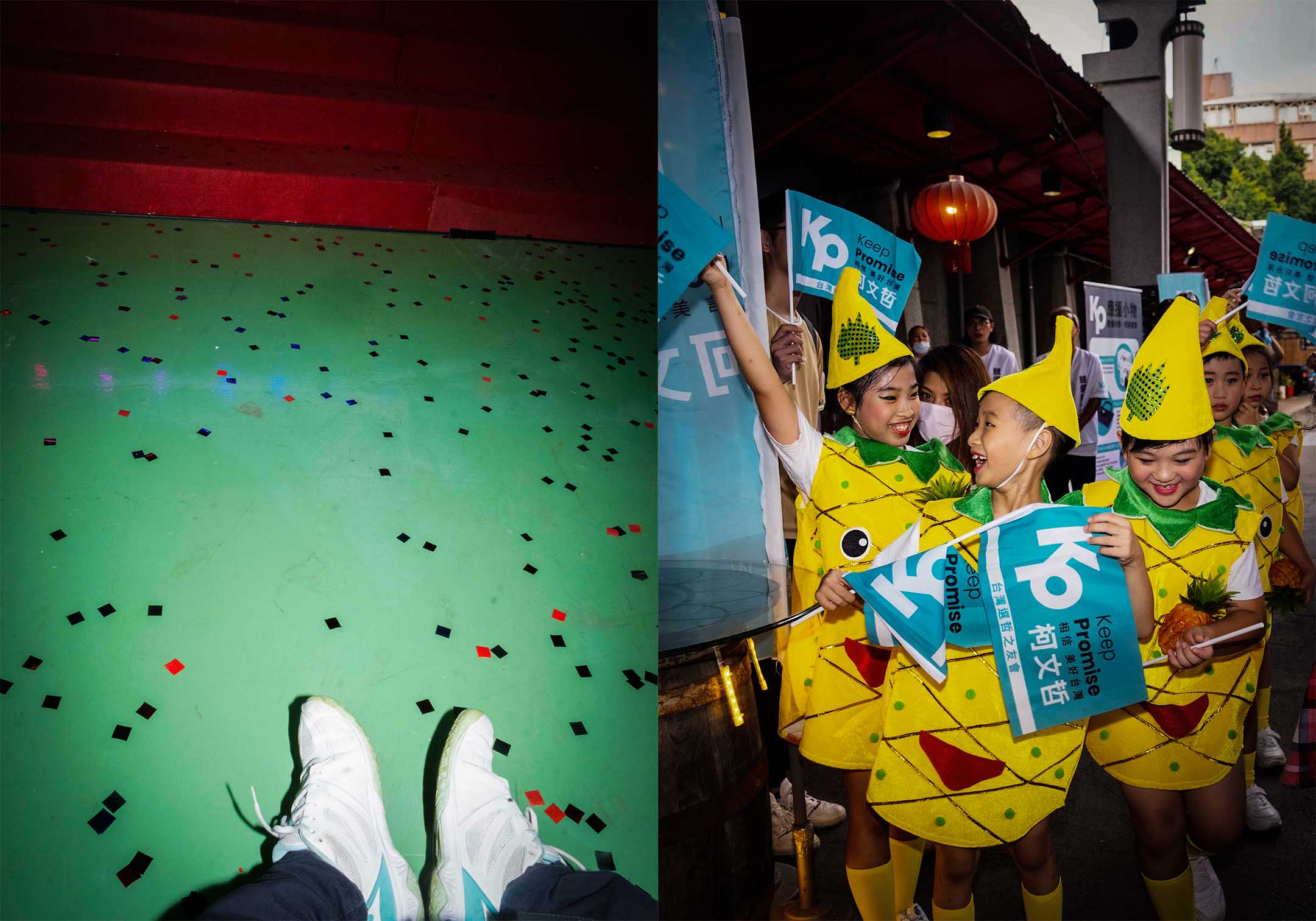 國民黨的造勢活動(左),民眾黨的造勢活動(右)。攝:陳焯煇/端傳媒