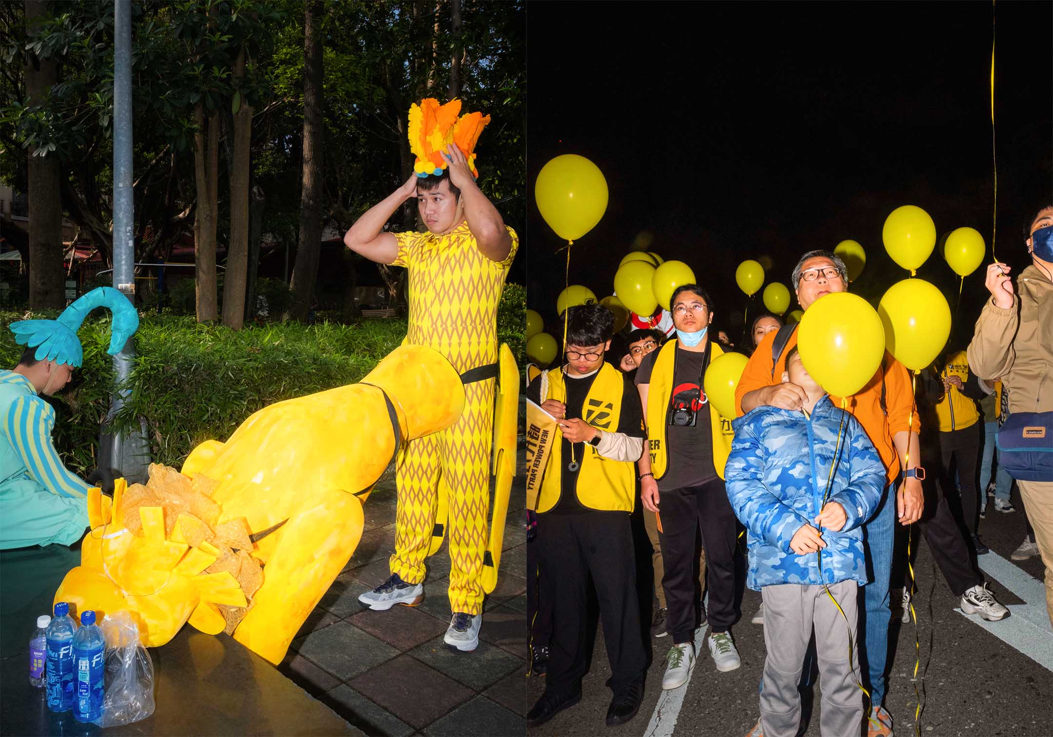 民進黨的造勢遊行(左),時代力量的造勢晚會(右)。攝:陳焯煇/端傳媒