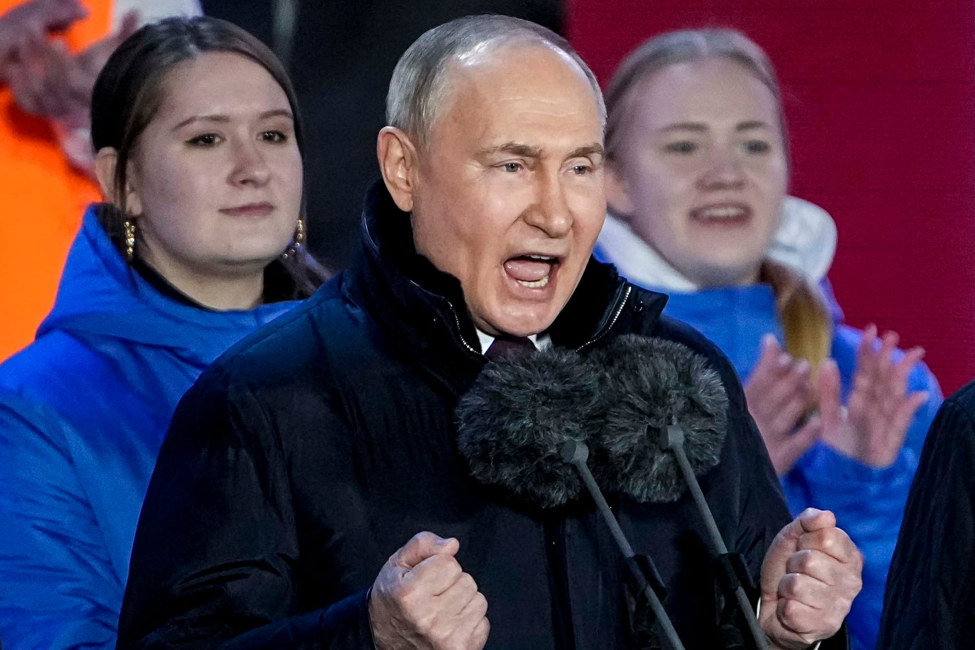 2024年3月18日，俄羅斯莫斯科，俄羅斯總統普京出席慶祝總統選舉中獲勝，以及吞併克里米亞十週年的音樂會。攝：Alexander Zemlianichenko/AP/達志影像