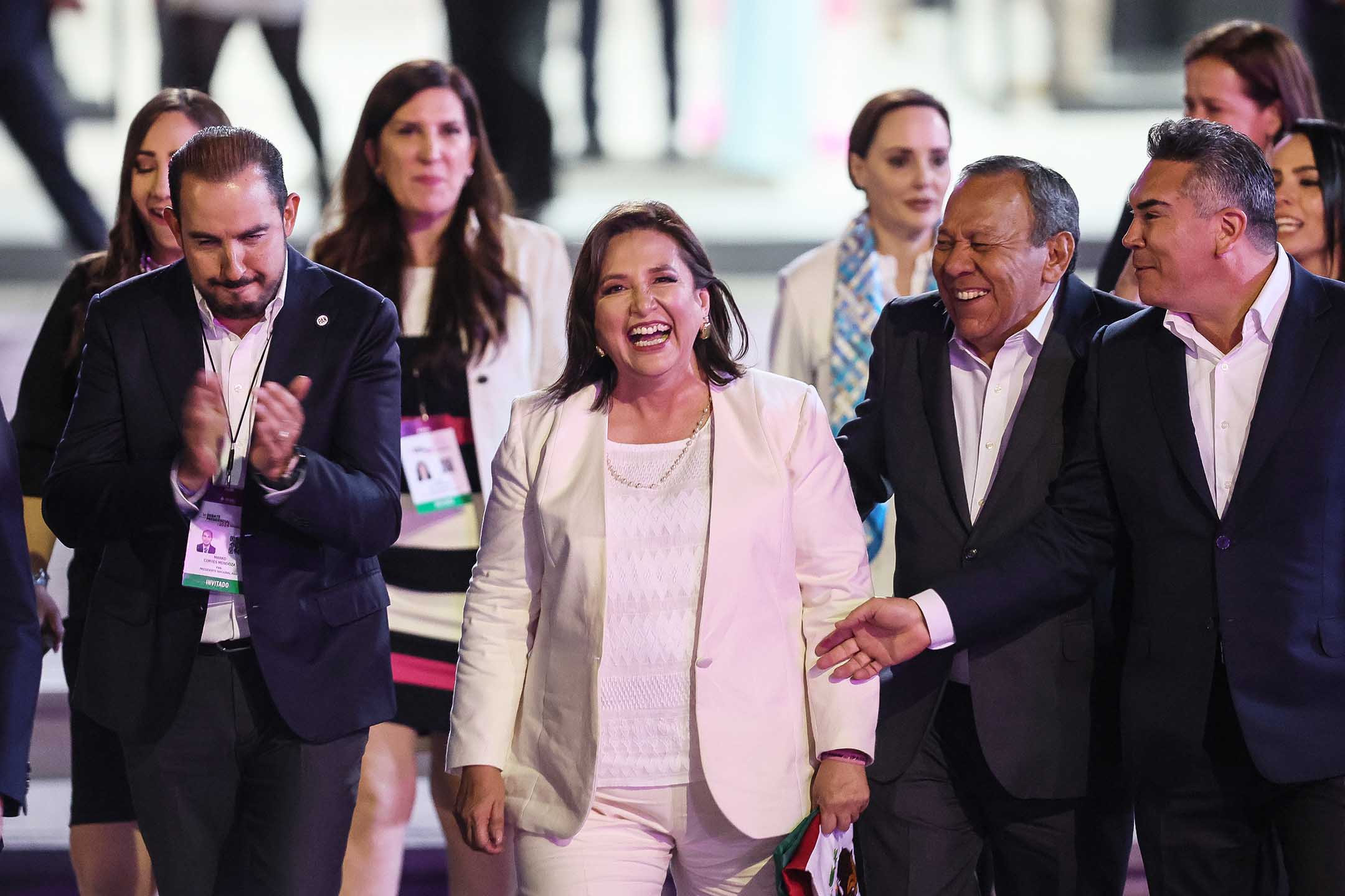 2024年4月7日，墨西哥墨西哥城，前任參議員、原住民家庭出身的女企業家索奇特爾·加爾韋斯（Xochitl Gálvez）參加一次總統候選人的辯論。攝：Manuel Velasquez/Getty Images