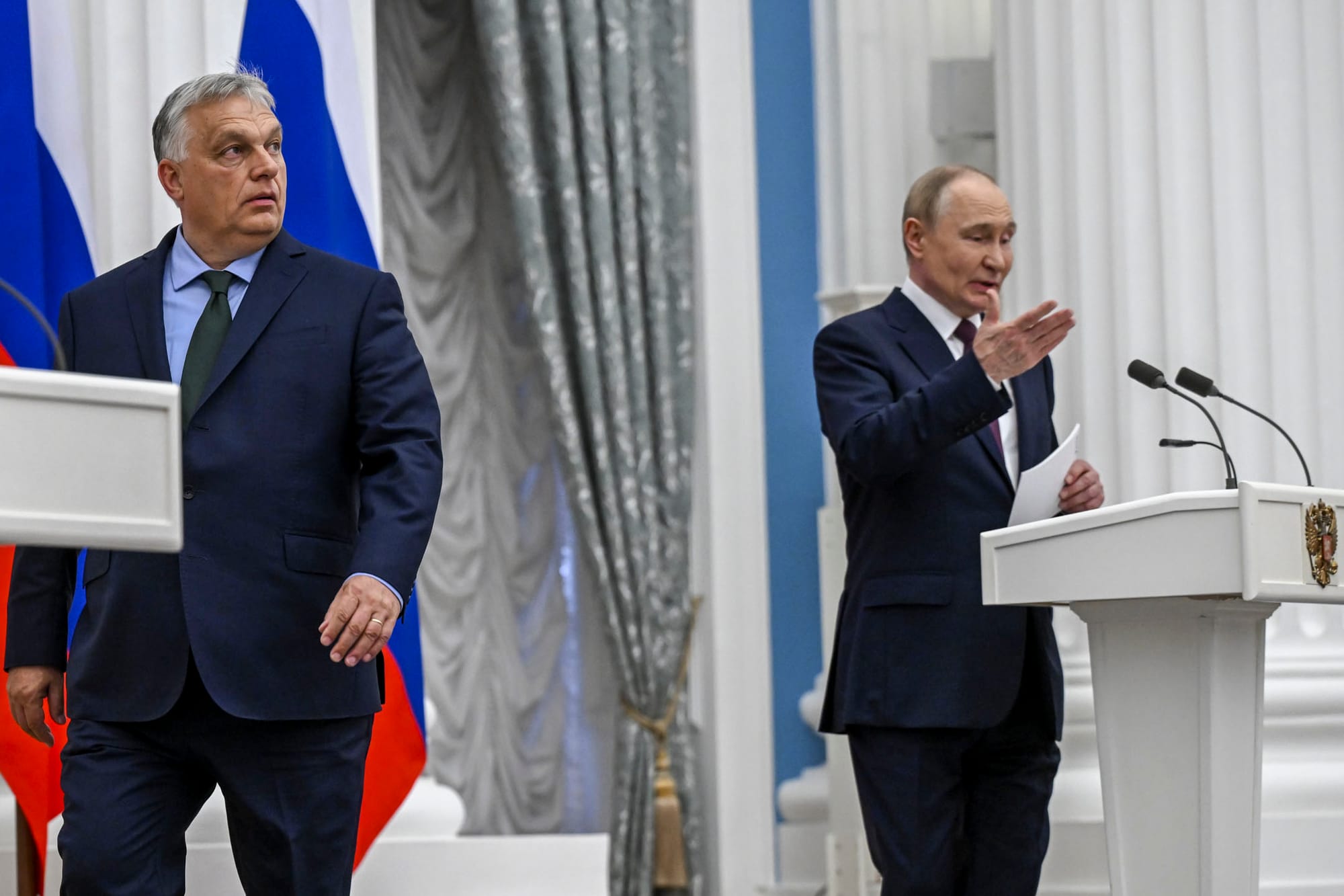 2024年7月5日，俄羅斯總統普京和匈牙利總理歐爾班在莫斯科克里姆林宮會晤後舉行聯合新聞發布會。攝：Sefa Karacan/Anadolu via Getty Images