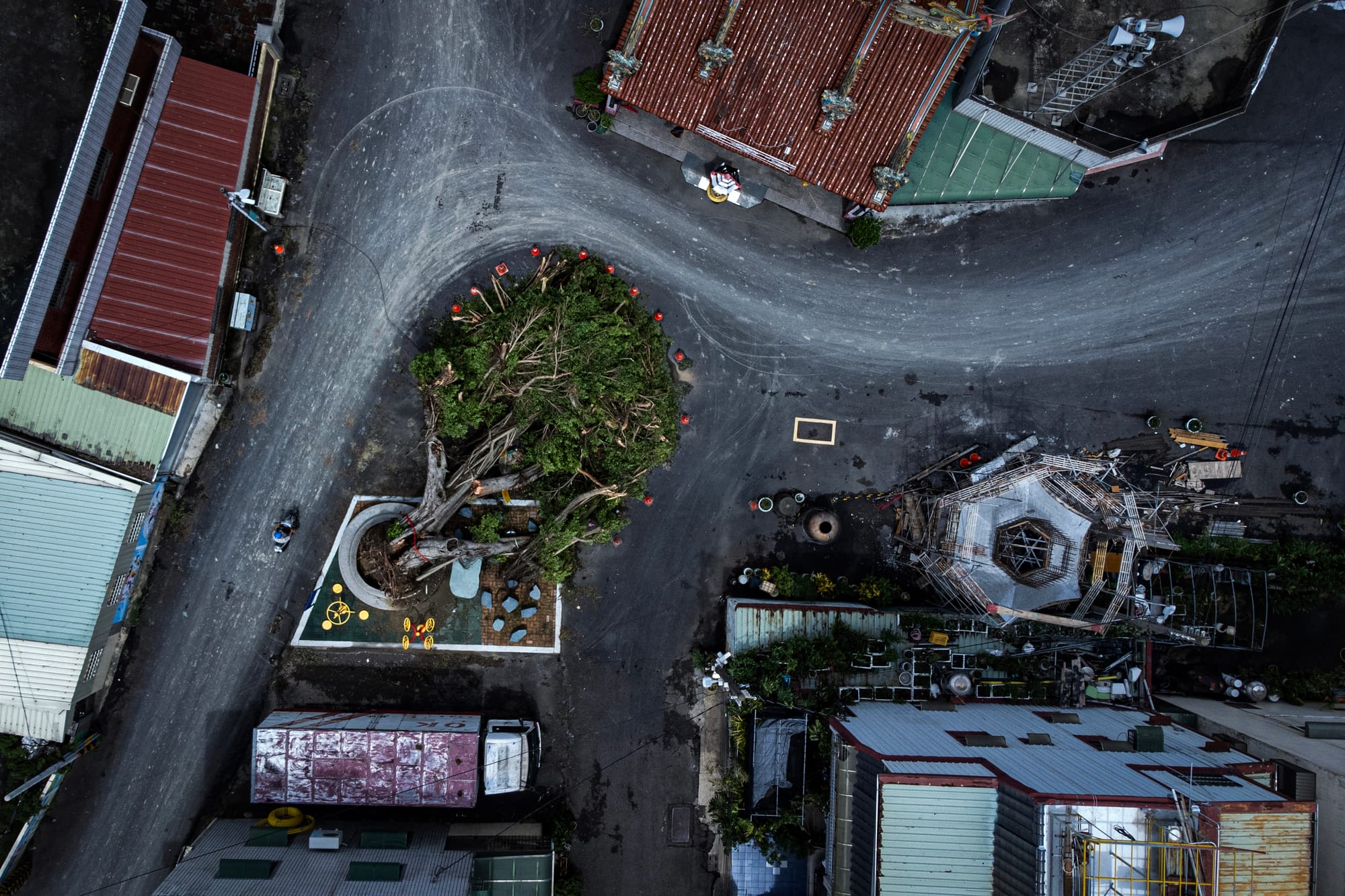 2024年7月27日，嘉義水上鄉，仁安宮前的一棵老榕樹倒下。攝：陳焯煇/端傳媒