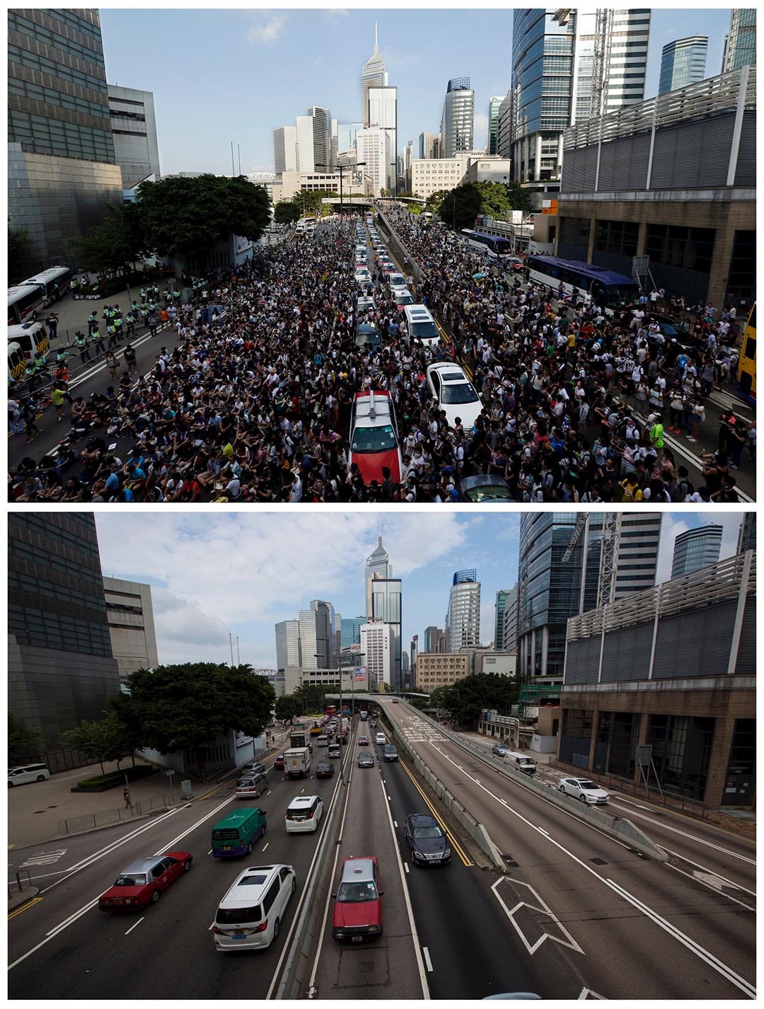 上圖為去年9月28日，大批示威者湧到金鐘的馬路上，當日稍後警方向示威者施放催淚彈。下圖為同一段金鐘馬路，攝於今年9月16日。攝：（上圖）Bobby Yip/REUTERS，（下圖）Tyrone Siu/REUTERS