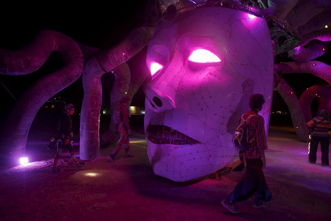 参加者于晚间时分欣赏装置艺术品Medusa Madness。摄：Jim Urquhart/Reuters