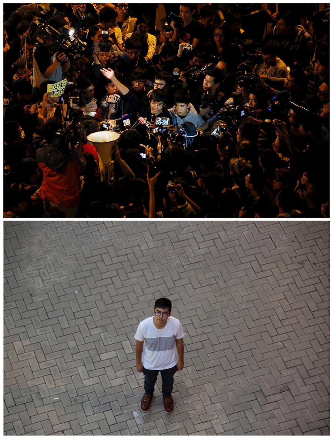 上圖攝於去年11月21日，時任專上學生聯會秘書長周永康在政府總部外接受傳媒訪問。下圖為周永康於今年9月24日在同一地點拍照。他認為香港人應該對雨傘運動感到自豪。他反問：「你有見過香港人為爭取改變而上街和佔領馬路嗎？那一刻，我看到了香港人的另一面。」攝：（上圖）Bobby Yip/REUTERS，（下圖）Tyrone Siu/REUTERS