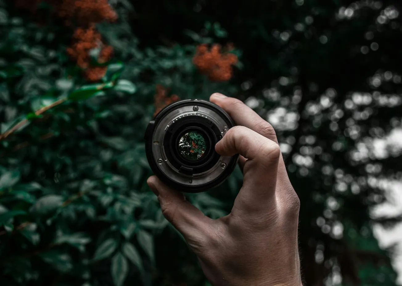 A hand holding a camera lens, framing a blurry background of lush green leaves and orange flowers.