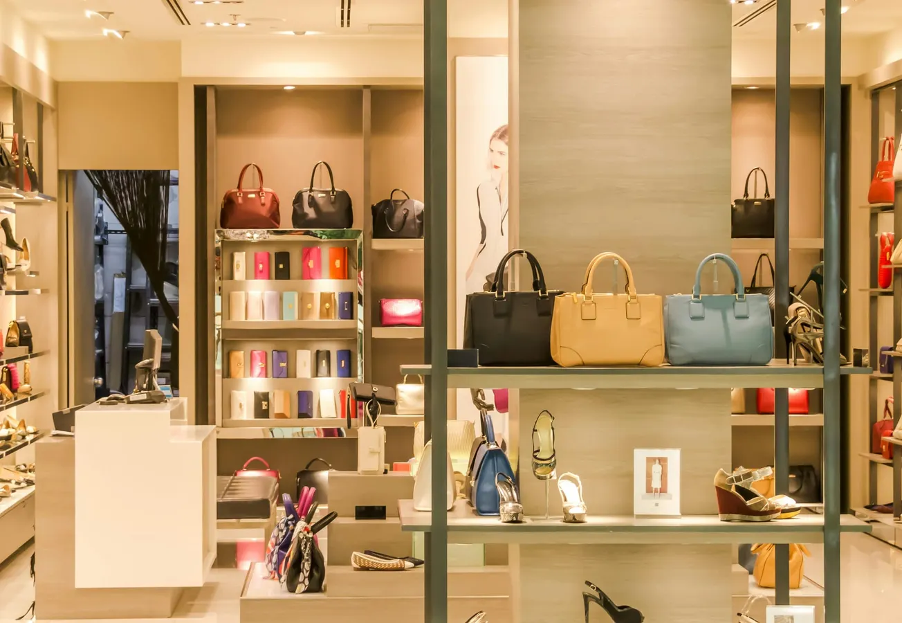 Chic boutique interior with elegant leather handbags on shelves, vibrant high heels, and colorful accessories, exuding luxury and style.
