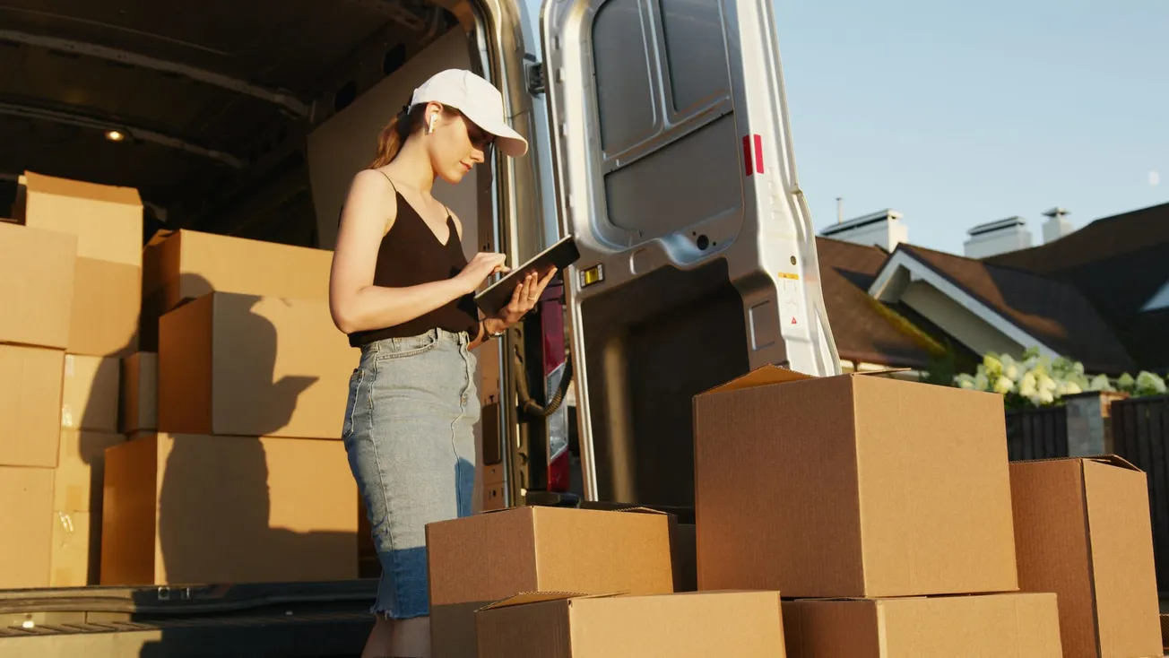 A woman in a white cap and denim skirt uses a tablet beside an open delivery van filled with boxes. The scene conveys a sense of busy organization.