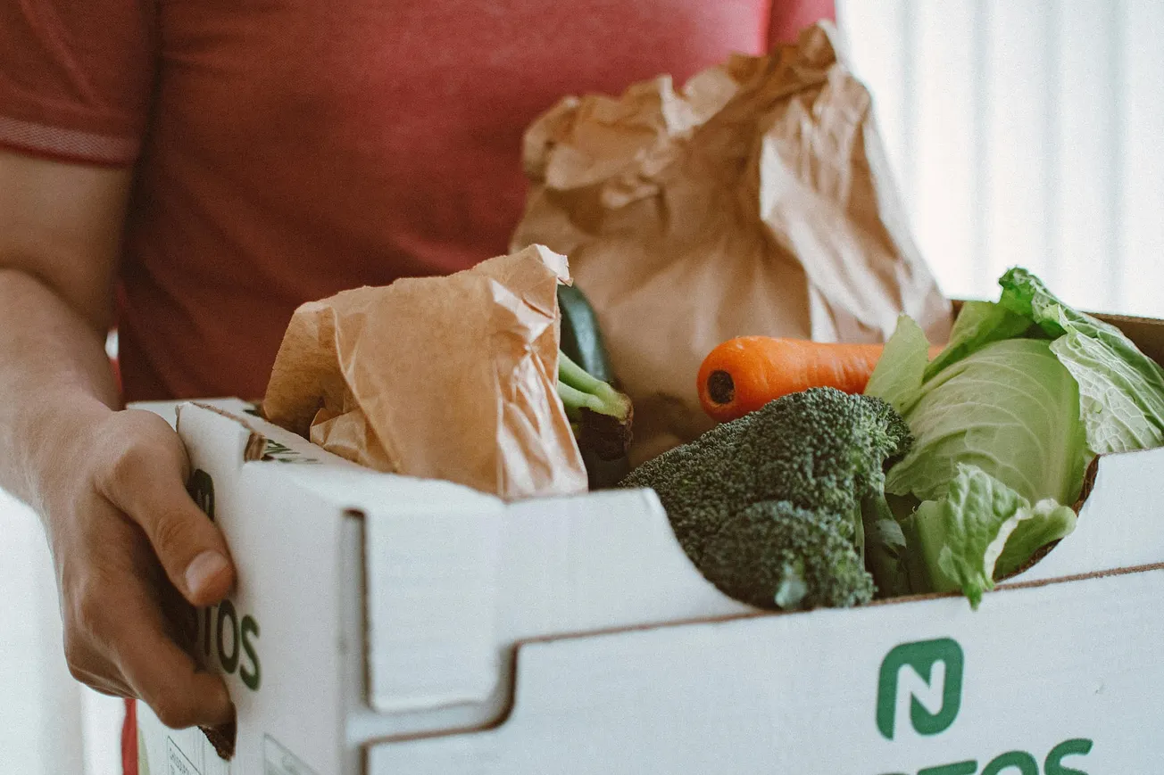 A person in a red shirt holds a box filled with fresh vegetables, including broccoli, carrot, and lettuce, with brown paper bags.