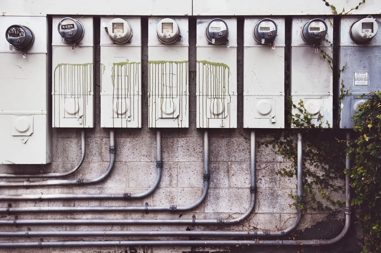 Seven old electric meters with weathered, white enclosures and green drip stains are mounted on a wall. Vines grow around pipes below, creating a rustic scene.