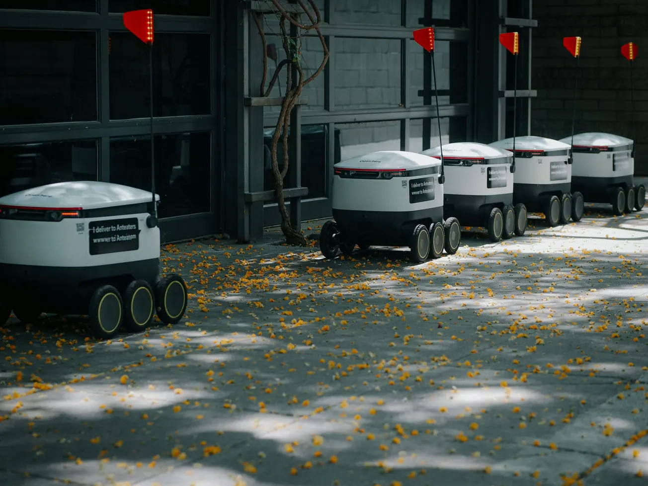 Five small delivery robots line up on a leaf-strewn sidewalk, casting shadows. Each has a red flag, conveying a sense of order and modern technology.