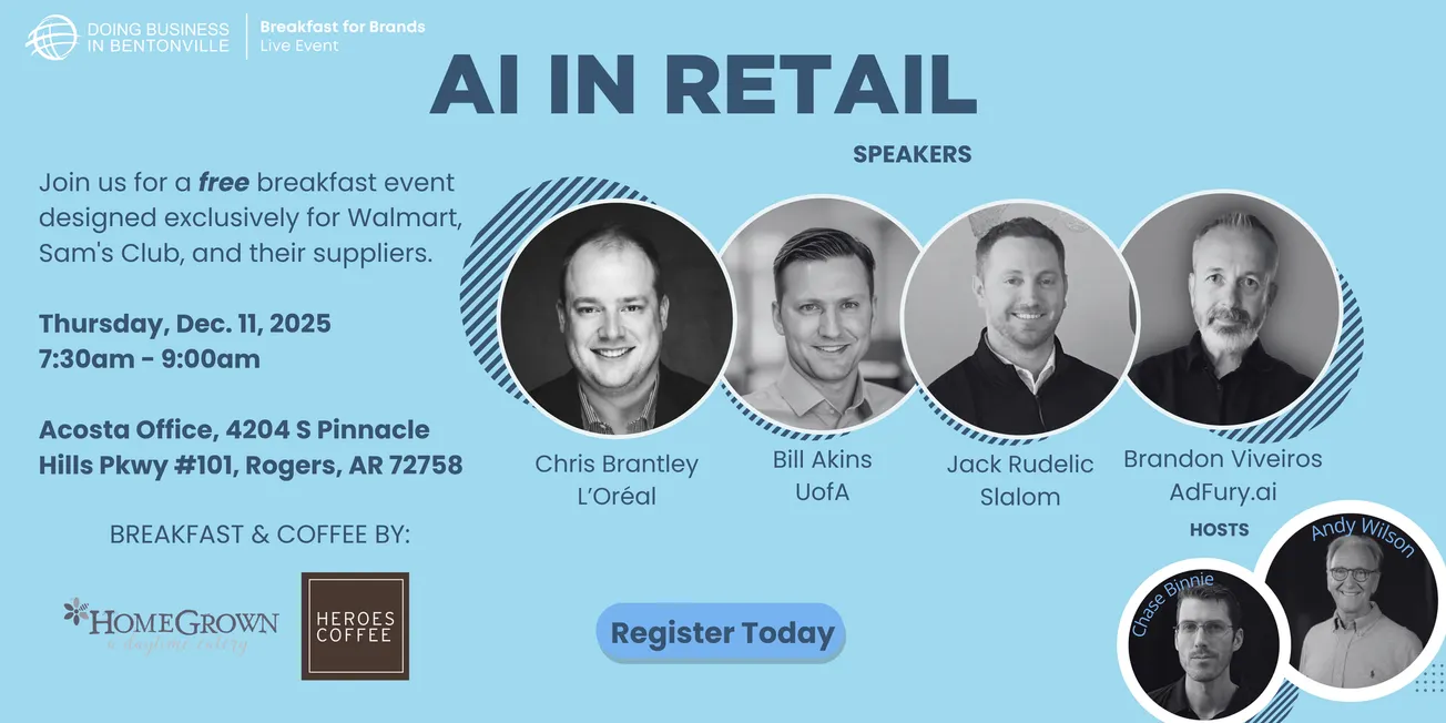 Blue event flyer for 'AI in Retail.' Features headshots of four speakers. Hosts are shown in smaller circles. Free breakfast and coffee by Homegrown and Heroes Coffee.