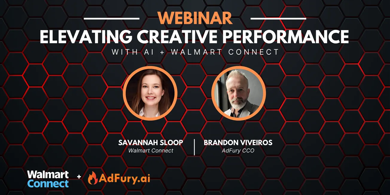 Webinar banner titled "Elevating Creative Performance with AI + Walmart Connect." Features hexagonal background, headshots of two speakers, and logos for Walmart Connect and AdFury.ai.