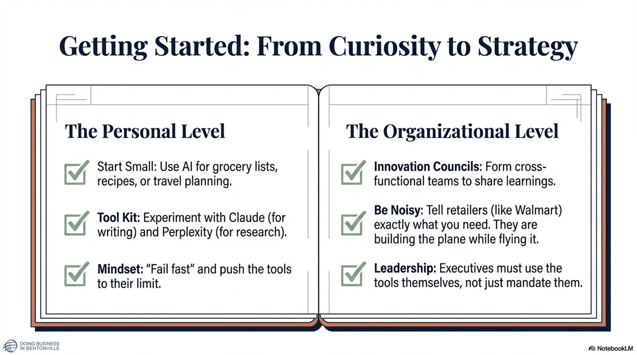 Infographic titled 'Getting Started: From Curiosity to Strategy' divided into 'The Personal Level' and 'The Organizational Level.'