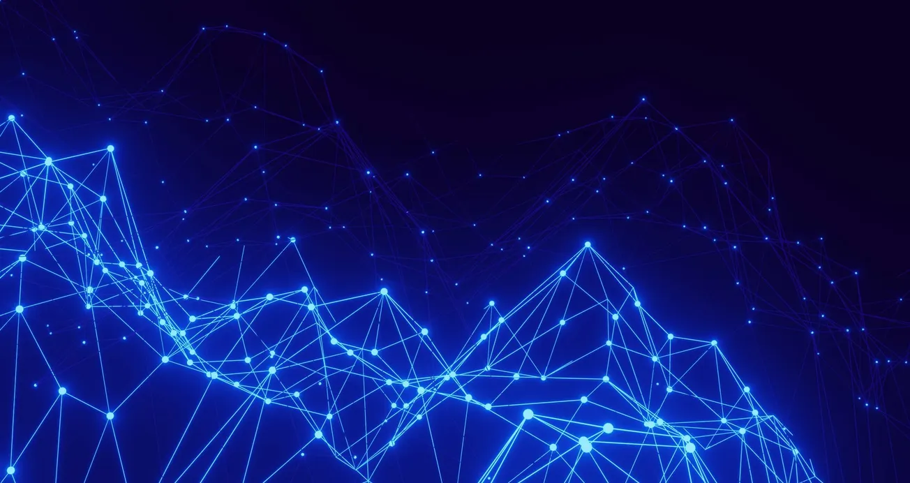 A digital abstract image with glowing blue lines and dots forming a 3D network of interconnected geometric shapes against a dark background.