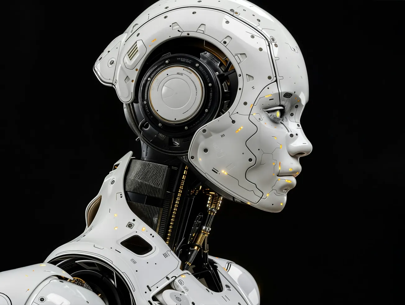 A sleek, futuristic white humanoid robot with a segmented design is shown in profile against a dark background. It conveys a high-tech and serene tone.