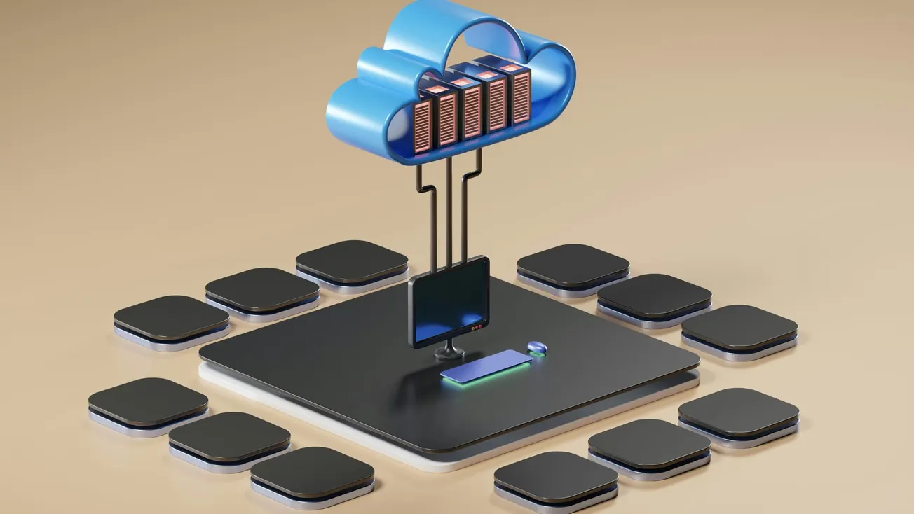 3D illustration of a blue cloud with server racks hovering above a central screen, connected by cables. Surrounding are several platforms, symbolizing cloud computing.