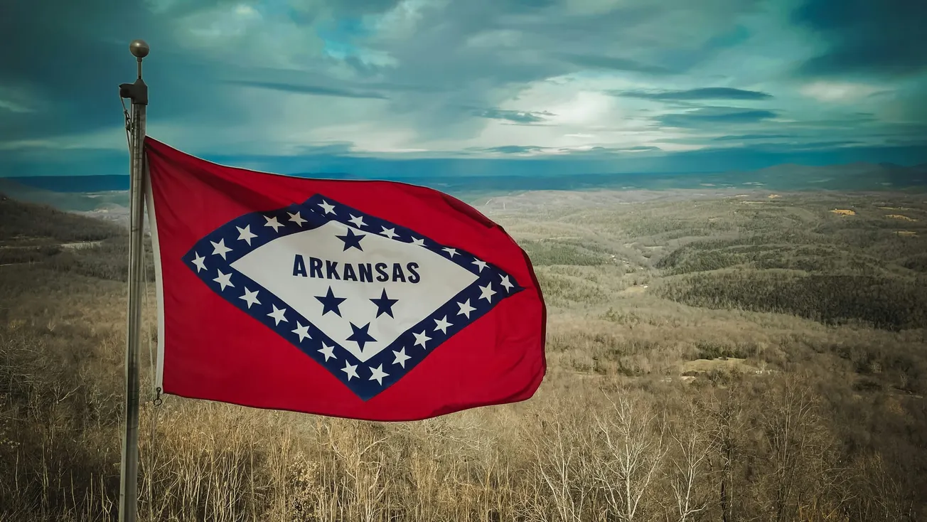 Arkansas flag waves against a vast, cloudy sky, overlooking a serene, wooded landscape of rolling hills, evoking a sense of tranquility and pride.