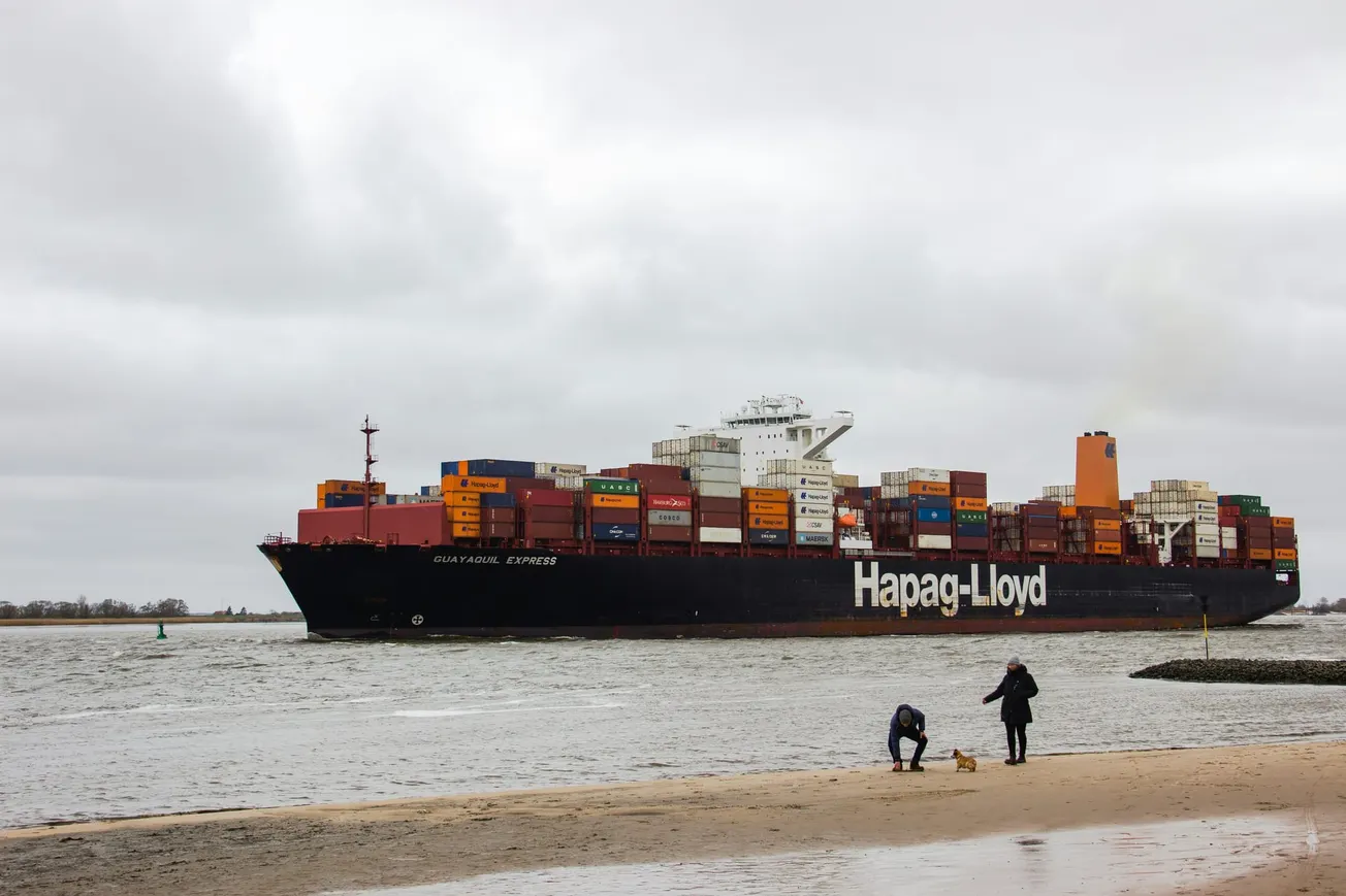 A large cargo ship stacked with colorful containers sails on a gray, cloudy day. Two people with a dog stand on a sandy shore, capturing a sense of scale and travel.