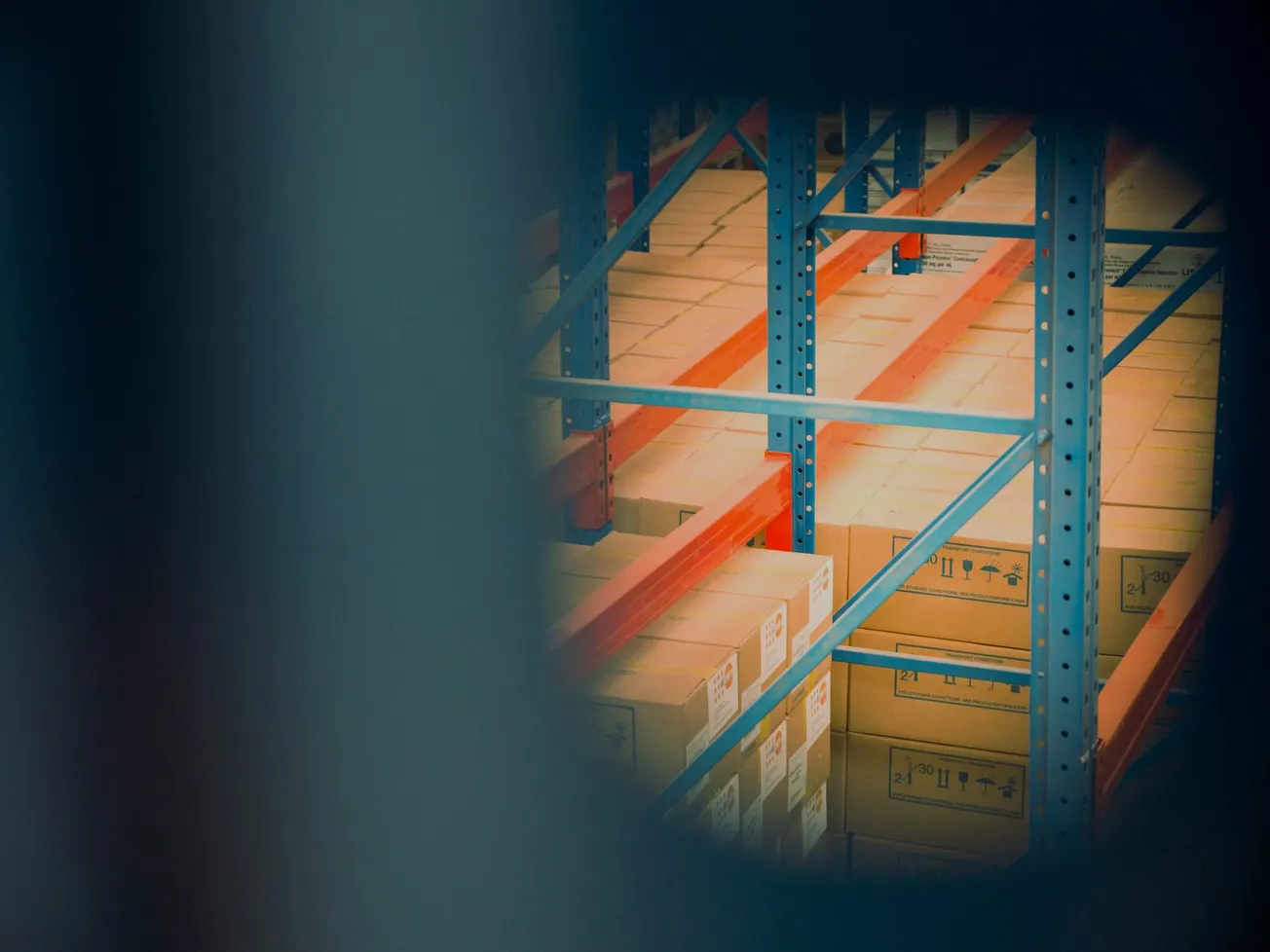 A warehouse interior viewed through a circular opening, showing stacked brown boxes on orange and blue metal shelves, conveying an industrial atmosphere.
