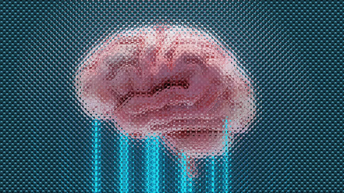 A stylized image of a pink brain on a digital, pixelated blue background, with glowing blue lines extending from below, conveying a futuristic theme.