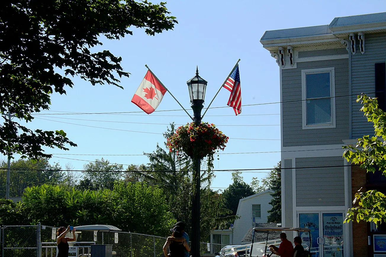 Street scene with a lamp post displaying Canadian and American flags, surrounded by a hanging flower basket. Building and trees in the sunny background.