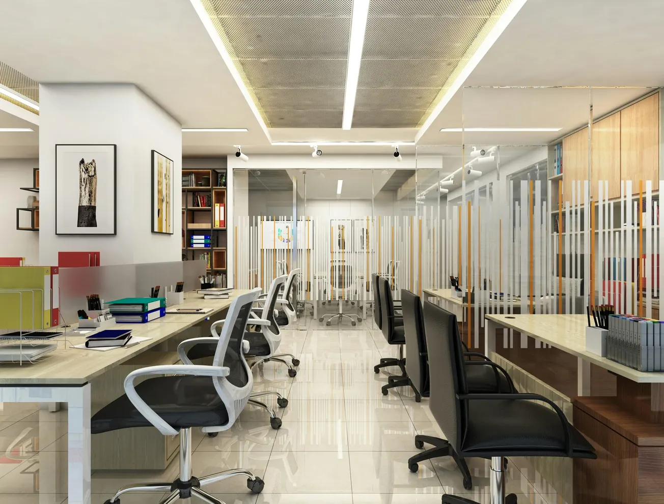 Modern office interior with rows of sleek desks and ergonomic chairs. Glass partitions feature vertical line designs. Art decorates white walls. Bright and organized.