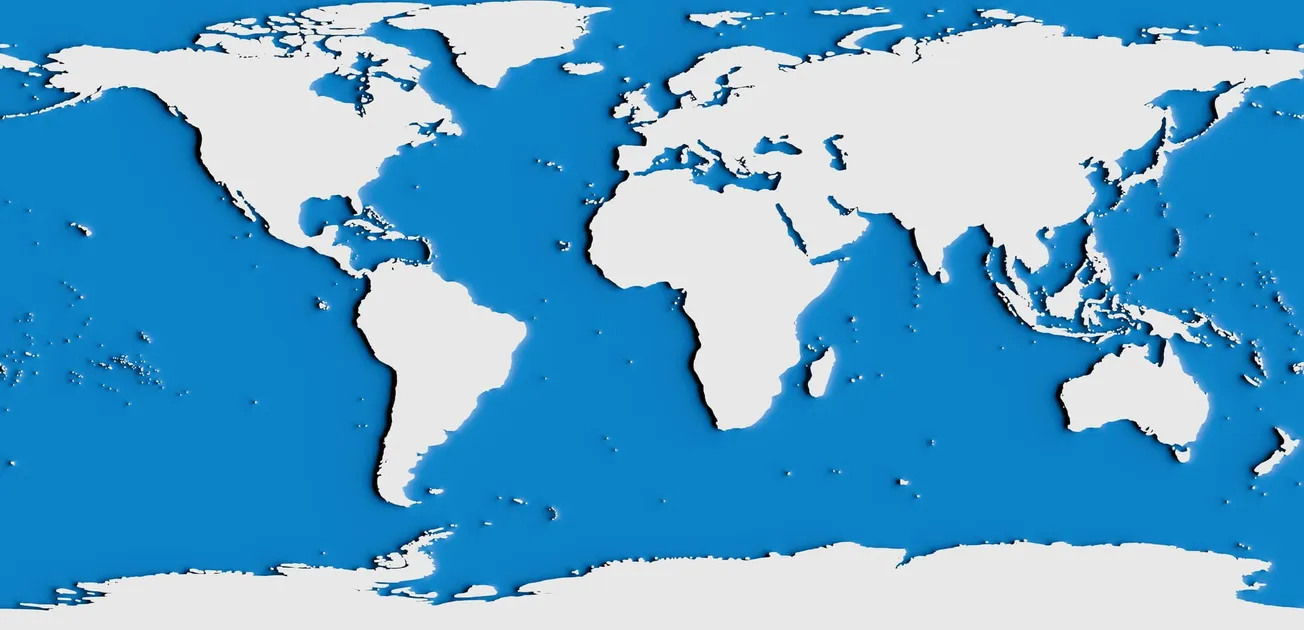 World map with continents in white silhouette against a blue ocean background. The map emphasizes global geographical outlines, creating a neutral tone.