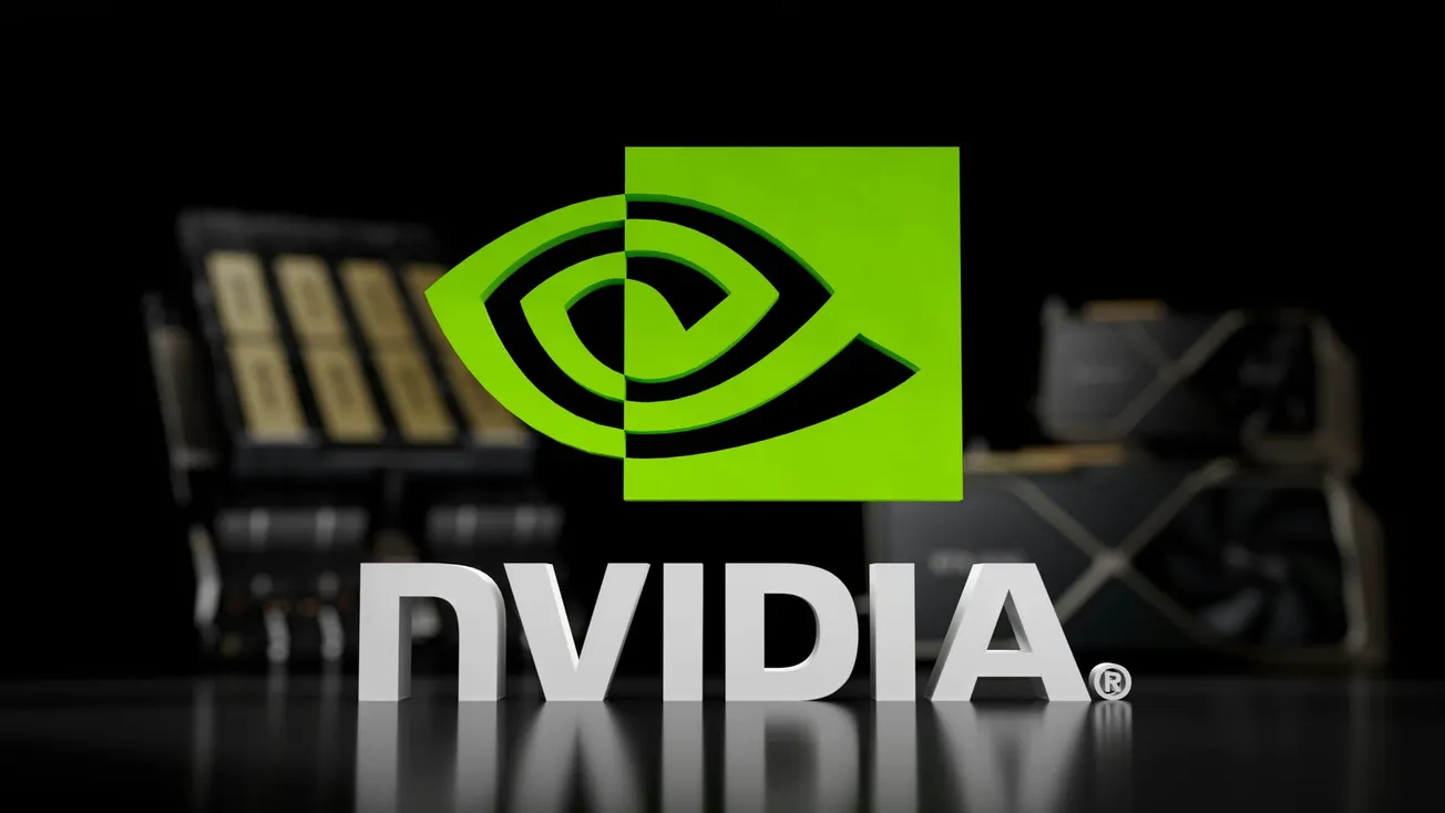 Alt text: "NVIDIA logo in bold white letters with a green and black eye symbol above it. Background features blurred computer hardware components. Tech, innovation vibe."