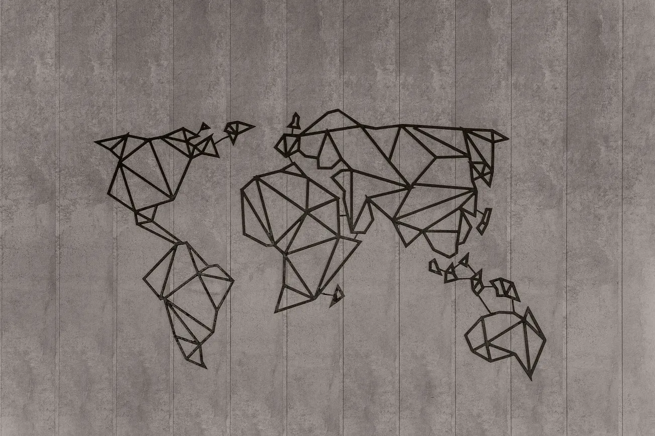 Geometric line art of a world map on a textured gray background. The continents are formed by interconnected triangles, creating a modern, abstract look.