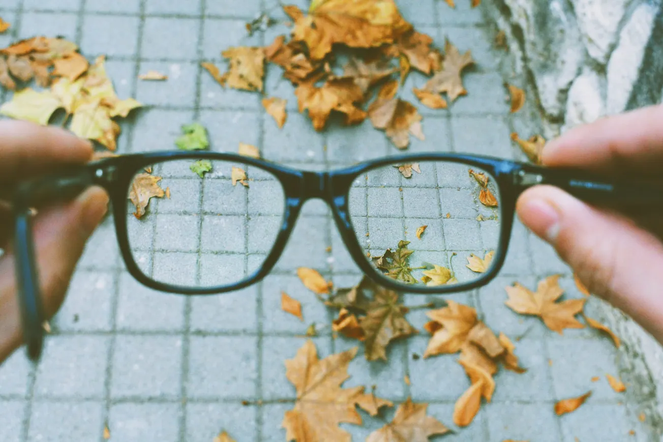 A pair of hands hold eyeglasses, focusing on fallen autumn leaves on a tiled path. The view through the lenses is sharp, while the rest is blurry.