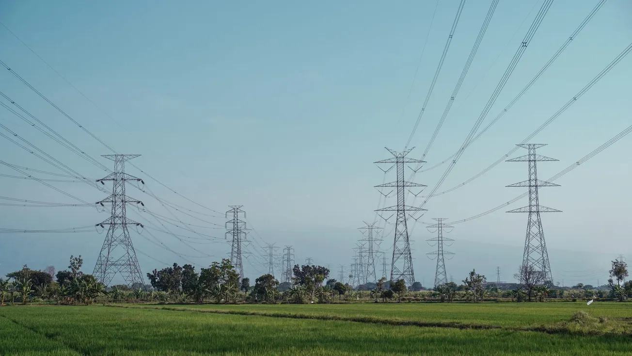 Transmission towers stretch across a lush, green field under a clear blue sky, conveying a sense of industrial juxtaposition with nature.