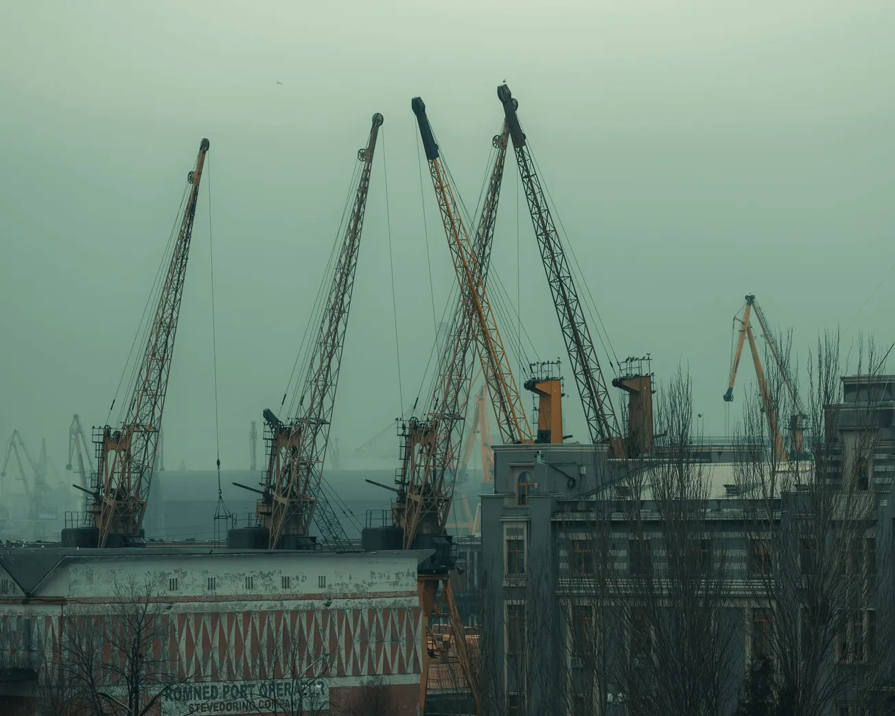 Several tall, industrial yellow harbor cranes tower over buildings at a shipping port under a heavy, overcast gray sky.