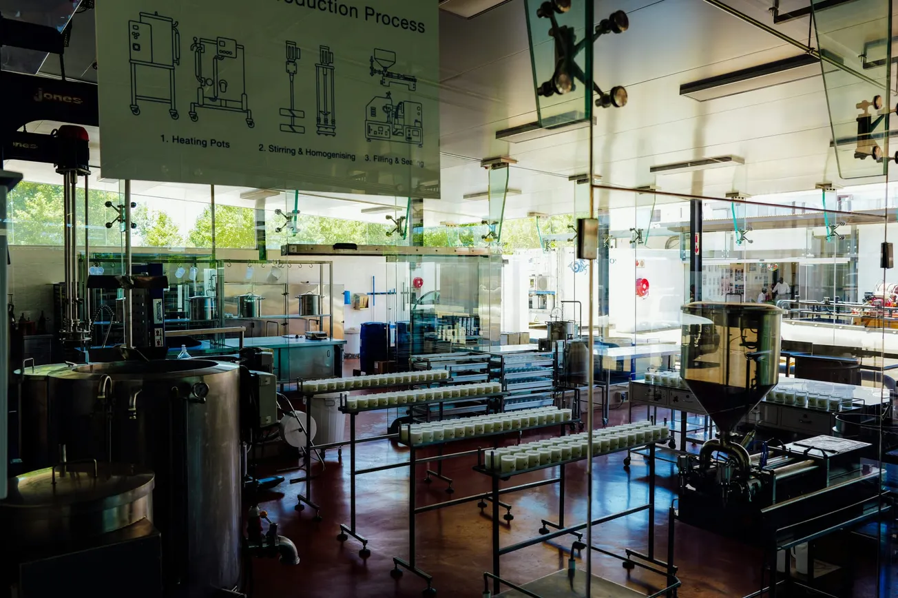 A bright, modern factory interior with stainless steel equipment, production lines, and labeled diagrams on processes. The atmosphere is organized and efficient.