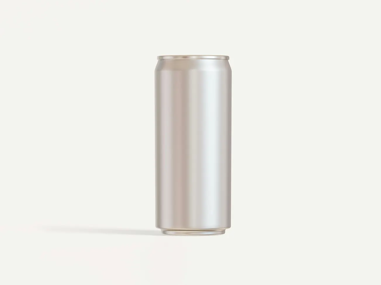 A plain silver aluminum can stands upright on a light background, casting a soft shadow. The minimalist design conveys simplicity and functionality.