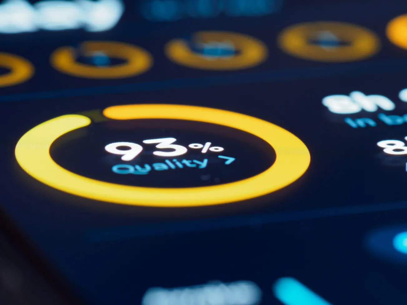 Close-up of a digital screen displaying a circular progress bar. The bar is orange and nearly complete, showing "93% Quality" in white text, suggesting efficiency.
