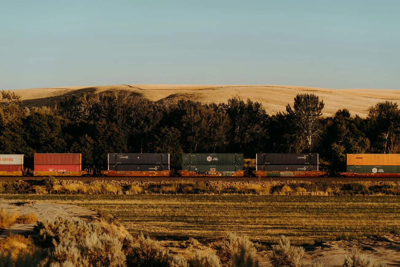 A train with colorful shipping containers moves through a grassy landscape. Behind it, lush green trees contrast with rolling, sunlit hills under a clear sky.
