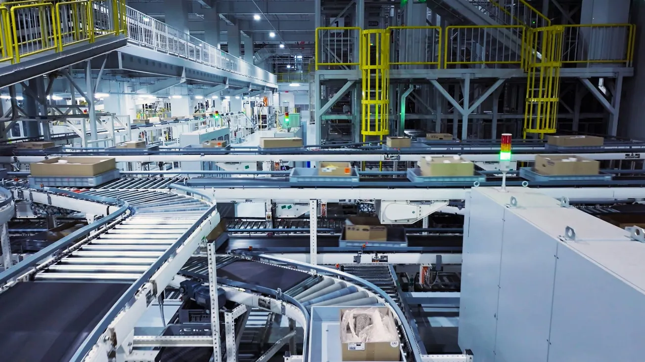 A modern automated factory with parcels on conveyor belts, under bright lighting. Yellow railings and machinery create an efficient, industrial tone.