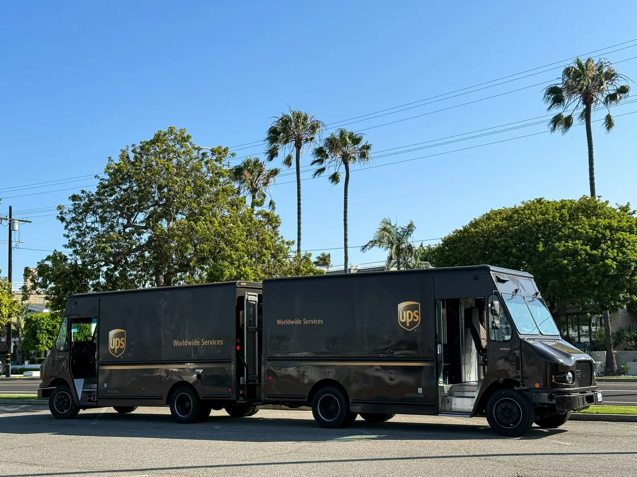 A UPS delivery truck with open doors parked on a sunny street, surrounded by palm trees and greenery. The scene conveys a calm, routine day.