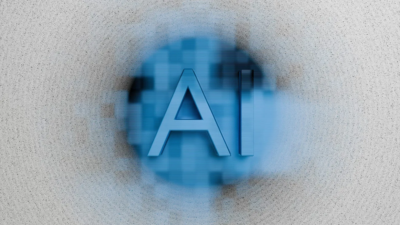 Blurred blue text "AI" on pixelated background. The futuristic style conveys technology and innovation, surrounded by a foggy, soft gradient.