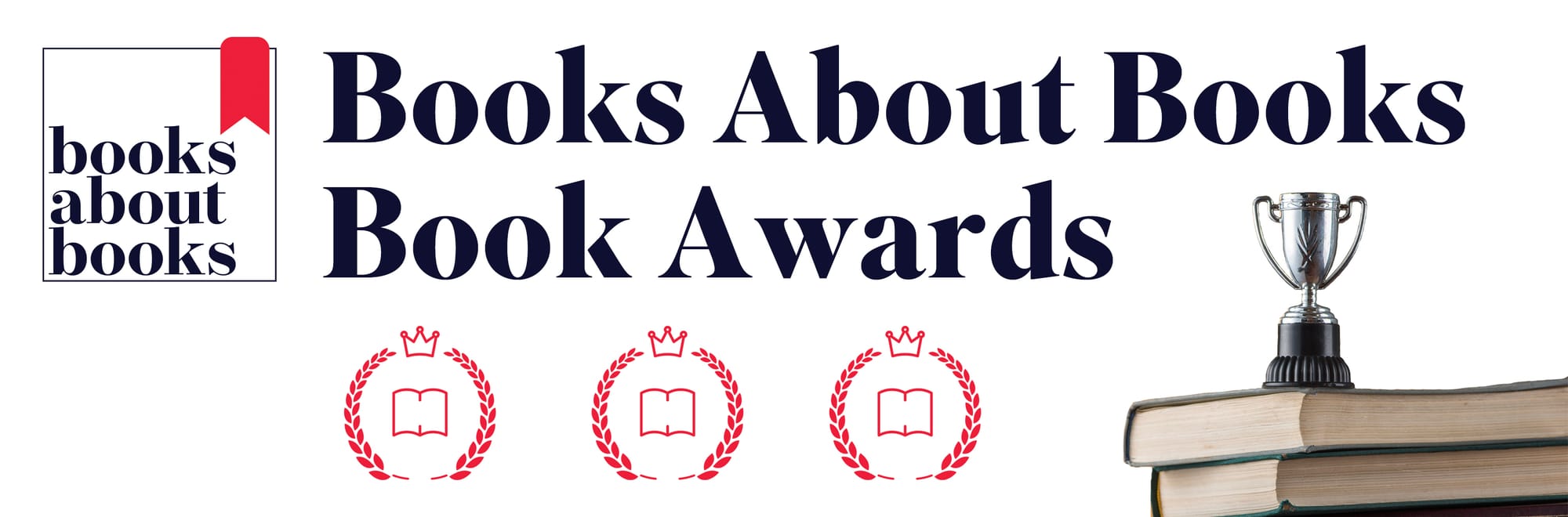 graphic with blue type and red award icons next to stack of books topped with tiny silver trophy