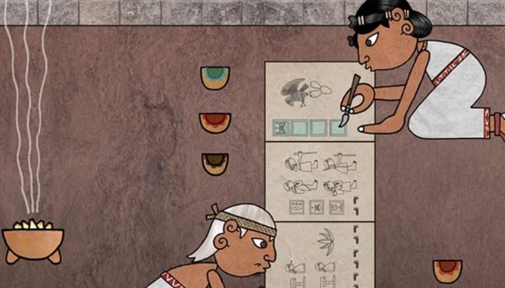 close up of cartoon illustrated people writing on papyrus