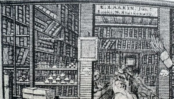 a vintage black and white image of a bookstore from old newspaper
