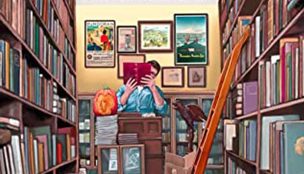 illustrated close up if man reading a red book at end of an aisle of books