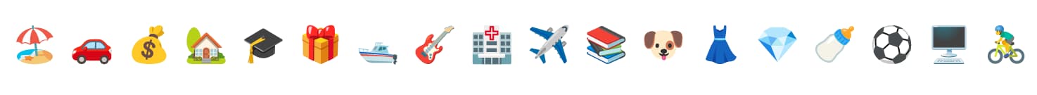 Colorful emojis of savings goals like travel, money, home, and education—a visual cue for ADHD-friendly financial strategies.