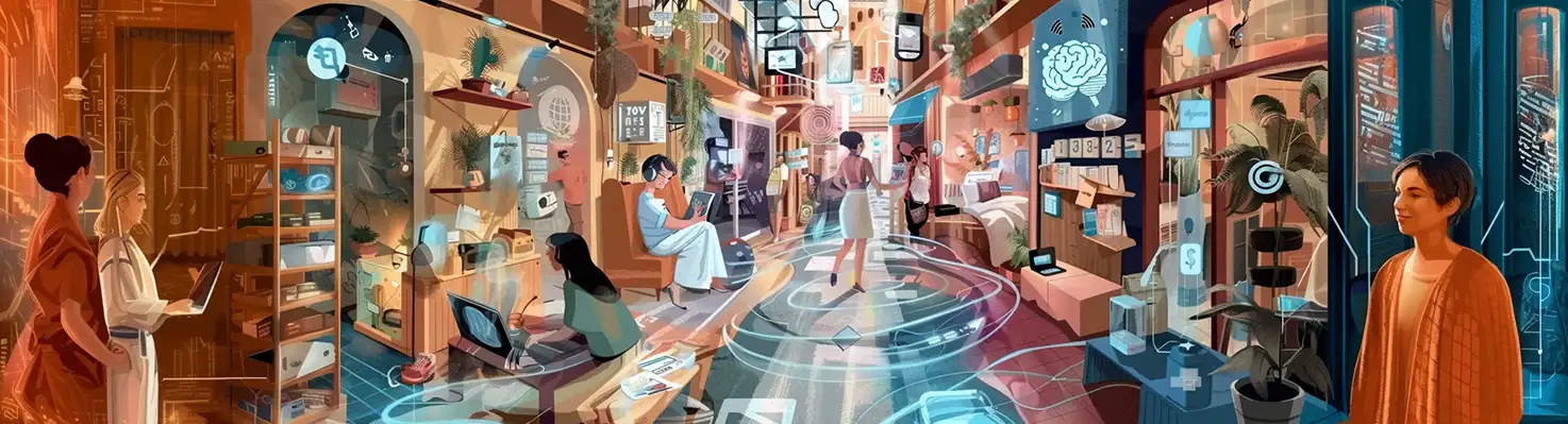 A tech-infused marketplace of diverse careers, representing the evolving landscape of neurodivergent-friendly job paths.