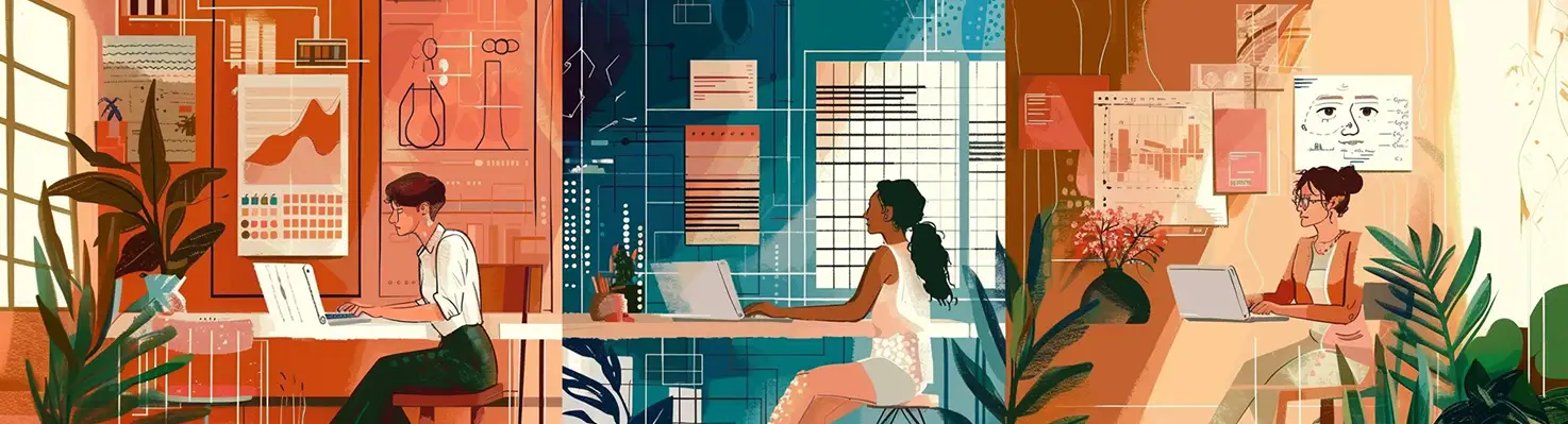 A triptych of neurodivergent strengths: data analysis (ASD), creative focus (ADHD), and empathy (Depression/Bipolar) in the workplace.