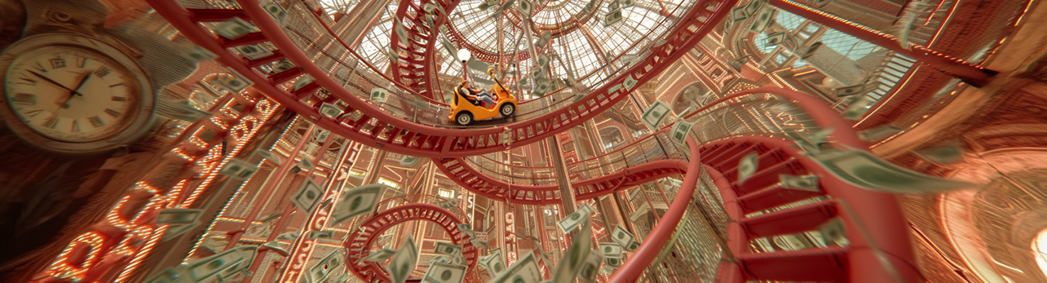 A surreal rollercoaster made of dollar bills and clocks, symbolizing ADHD impulsivity, time blindness, and financial challenges.