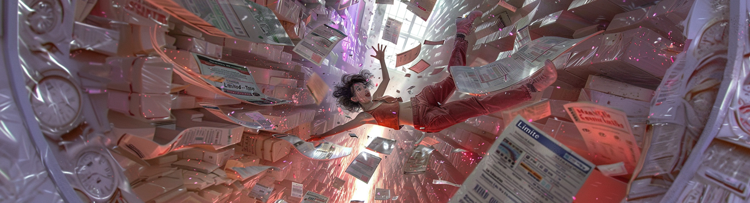 A person floating through a surreal swirl of bills, receipts, and clocks, symbolizing ADHD financial stress and the need for mindfulness and organization.
