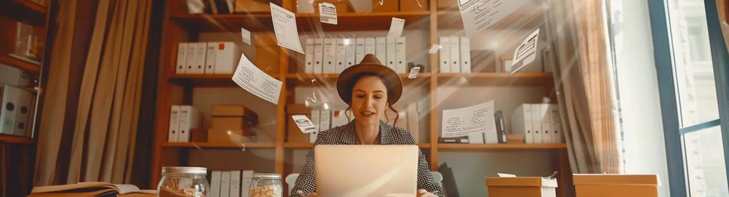 A smiling person at a laptop, surrounded by floating financial documents, symbolizing the ADHD money mindset—creativity, challenge, and focus.